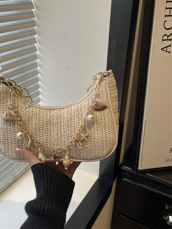Women'S Young Bags - Tas Selempang Kasual Anyaman Jerami Mutiara
